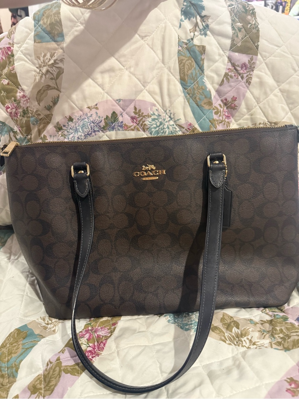 Coach Brown Signature Canvas Tote with Black Leather Straps